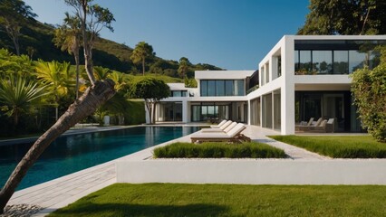 A cinematic shot of a beautiful white villa with lush green surroundings