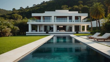 Fototapeta premium A cinematic shot of a beautiful white villa with lush green surroundings