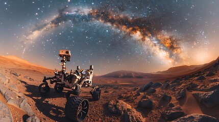 artistic photo of the Milky Way galaxy's ScutumCentaurus Arm from the surface of Mars with a Martian rover in the foreground - Powered by Adobe