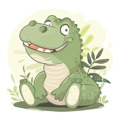 Fototapeta premium Cute cartoon dinosaur with a big smile sitting in the grass