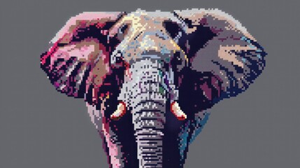Obraz premium Cute elephant in pixel art with pink ear on grey backdrop