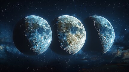 artistic rendition of the Moon's phases throughout the lunar cycle from crescent to gibbous against a starry background