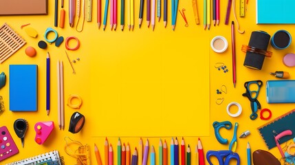 Obraz premium School supplies on yellow background. Back to school concept. 