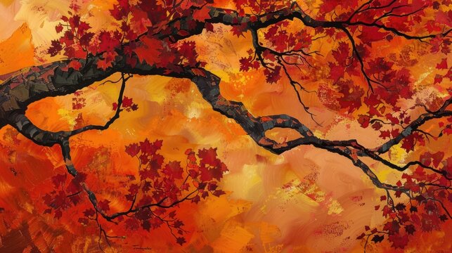 Autumn maple tree branch ablaze in red hues