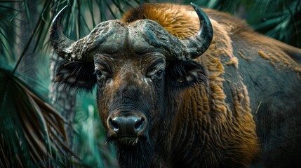 Buffalo in their natural habitat blending into the environment a portrait of a buffalo