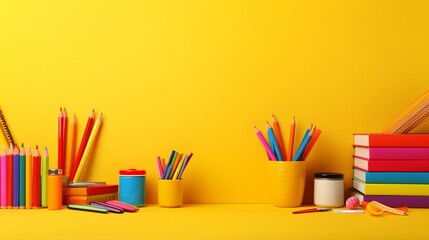 Fototapeta premium School supplies on yellow background. Back to school concept. 