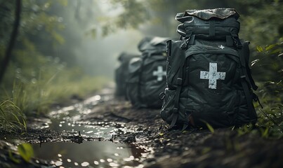 Emergency backpacks with white cross symbols on a muddy trail, showcasing their robust design for...