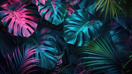 Dark green tropical leaves colorful neon light, backlight, leaves composition, plant background, manstera, palm leaves