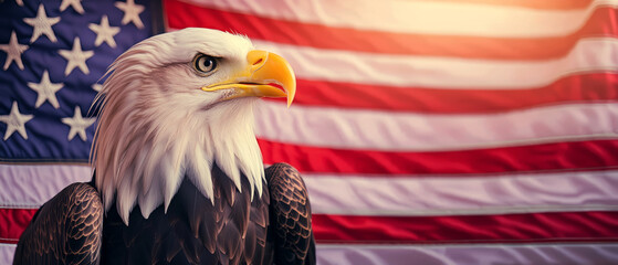 Naklejka premium Bald eagle with open beak on wavy United States of America flag. Majestic American bird of prey in front of USA country cloth fabric. 4th of July, independence day celebration and patriotism concept. 