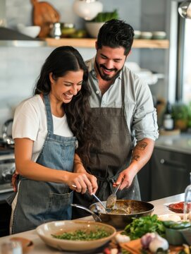A couple taking a cooking class together to celebrate their anniversary. stock photo 