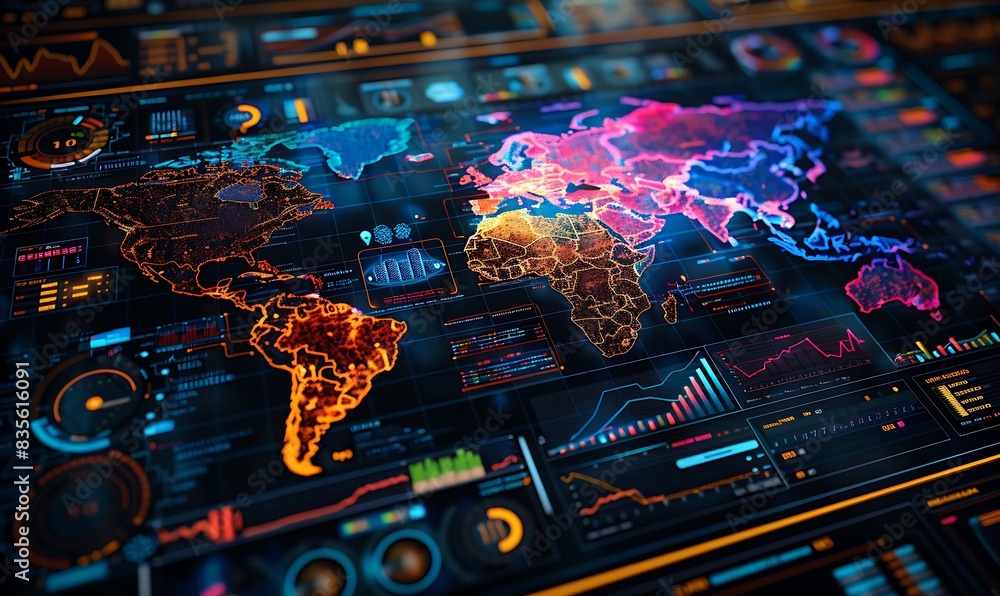 Poster digital screen showing a global trade map with vibrant key contract clauses and interactive charts, 