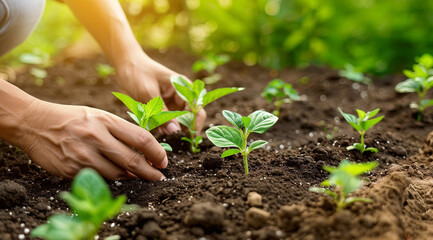 Female Hands Planting Young Plants. Garden Concept Minimalistic