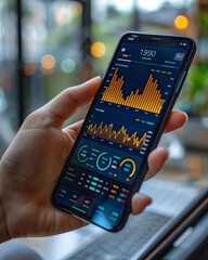 Close-up of a person's hand holding a smartphone with financial analytics charts and graphs displayed on the screen, indoors.