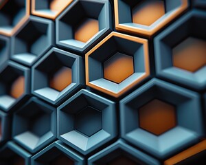 Close-up view of a modern honeycomb pattern with blue and orange geometric hexagons, creating a futuristic and abstract design.