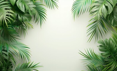 緑のヤシとモンステラの葉がある白い背景