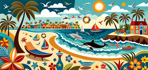 Obraz premium Whimsical Beach Folk Art, Surreal Summer Vacation Pattern