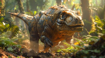 Iguanodon running through a dense jungle with ferns and ancient trees surrounding it
