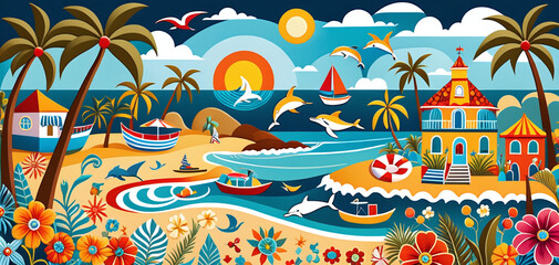 Whimsical Beach Folk Art, Surreal Summer Vacation Pattern
