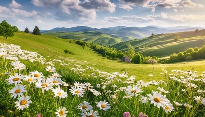 Fototapeta premium Summer Splendor: Rolling Hills and Blooming Daisies