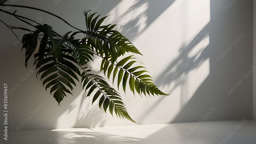 Poster minimalistic light background with blurred foliage shadow on a white wall. beautiful background for 