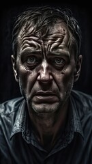 Obraz premium Anxious man on black background. stressed, lonely, frustrated, desperate, burnout