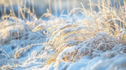Fototapeta premium Close up of snow covered dry grass in winter