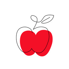 Apple black contour drawing with abstract color spot. Fruit line art style minimalist silhouette. Continuous vegan food concept design. Hand drawn one line flat vector illustration isolated on white