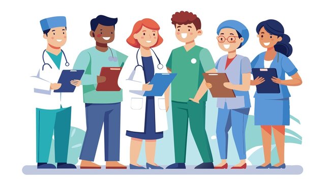 Doctors, nurses, and other healthcare professionals gather in uniform to analyze a patient's chart and strategize the best course of treatment.