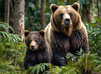Fototapeta premium A mother bear and a bear cub in a large forest