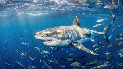 Fototapeta premium Attractive Close-up of great white shark mako swimming underwater in front of camera in a school