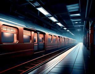 Fototapeta premium ホラーゲーム背景風 人気のない駅と無人列車のとまる地下鉄駅のプラットホーム