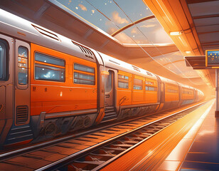 Naklejka premium ゲーム背景 夕暮れの駅にとまる電車と駅