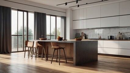 Corner view on bright kitchen room interior with panoramic window