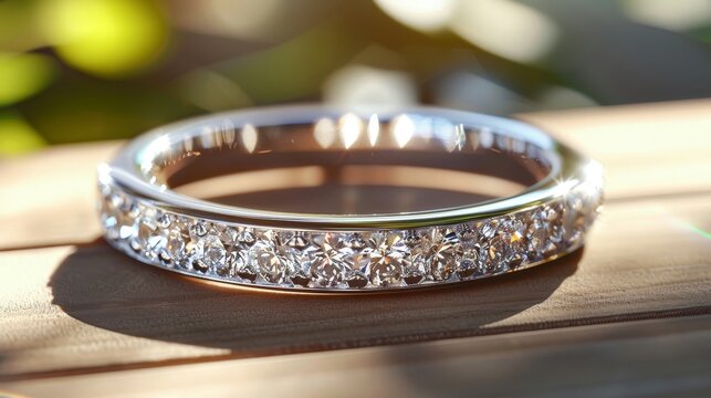 White gold wedding band with sparkling diamond accents, showcased in a close-up shot, beautifully lit to enhance its brilliance