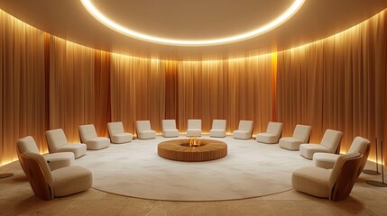 Therapy room featuring a circle of empty chairs, perfect for group discussions, minimalist design with soft lighting