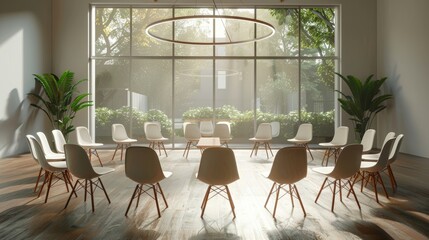 Therapy room featuring a circle of empty chairs, perfect for group discussions, minimalist design with soft lighting