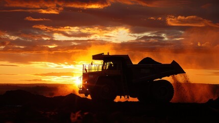Silhouette of a coal mining dump truck in the afternoon