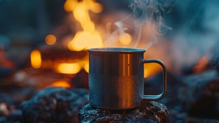 Steaming hot coffee in a metal cup, close-up, with the soft light of a fireplace in the background, perfect for a camping vibe