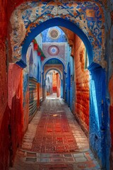 Stunning alley in the medina with contrasting blue and red walls, intricate patterns, and a mystical atmosphere