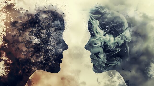 Conflict - Two human profiles made of abstract smoke and splatter, facing each other
