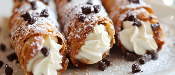 cannoli with white cream, elegant gourmet pastry in a nice setting and natural light on a blurred background
