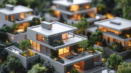 Simple 3D illustration close-up of a group of modern houses, highlighting flat roofs, glass facades, and open floor plans