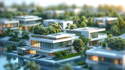 Simple 3D illustration close-up of a group of modern houses, highlighting flat roofs, glass facades, and open floor plans