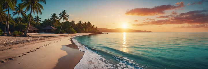 Fototapeta premium Paradise beach with palm trees and calm ocean at dawn or sunset. Panoramic banner of a peaceful landscape