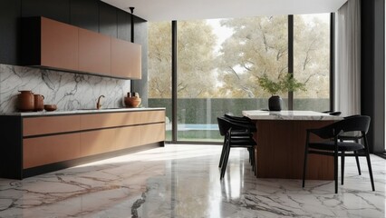 Corner view on bright kitchen room interior with panoramic window and marble floor