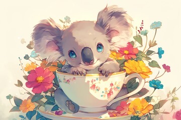 A super cute koala joey with blue eyes sitting in a teacup, surrounded by colorful flowers and wearing a tiny bow tie