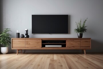 Interior home of living room with TV LED wooden cabinet on white wall, hardwood floor