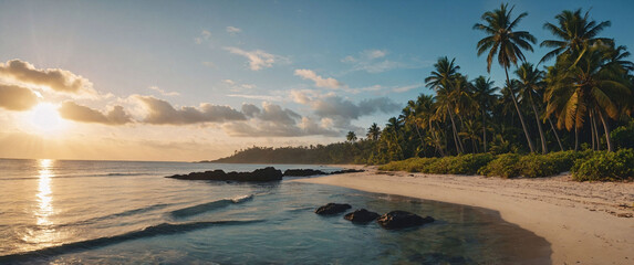 Paradise beach with palm trees and calm ocean at dawn or sunset. Panoramic banner of a peaceful landscape