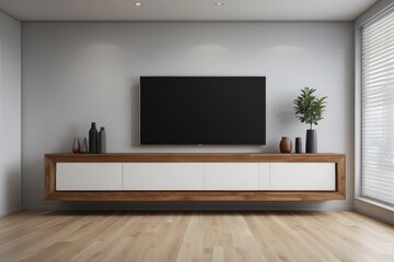 Interior home of living room with TV LED wooden cabinet on white wall, hardwood floor