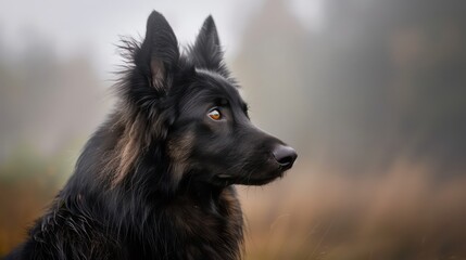 Fototapeta premium belgian sheepdog, groenendael black dog portrait wallpaper with good expression and blurred neutral background